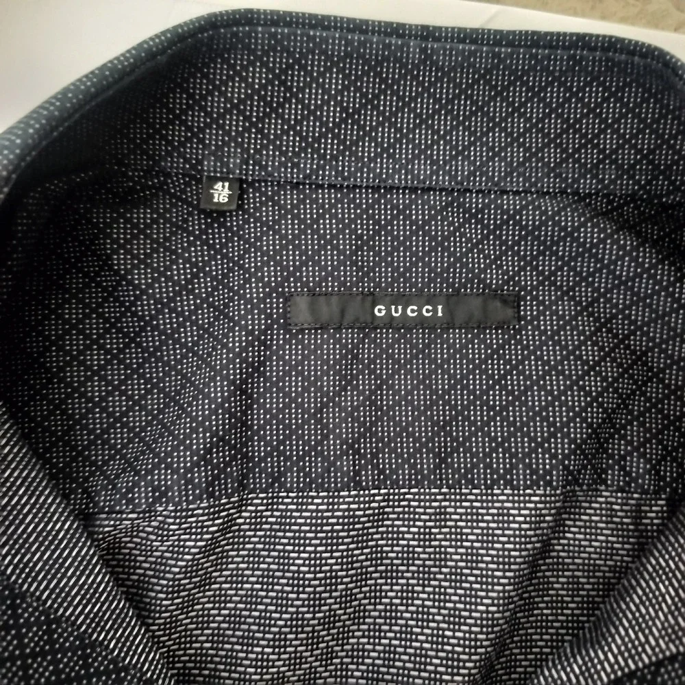 Gucci Mens Navy Blue Micro Geometric Diamond Long Sleeve Button Down Shirt 41 16